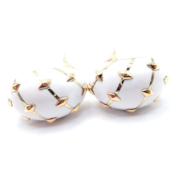 Tiffany & Co Schlumberger Dot Losange 18k Yellow Gold White Enamel Hoop Earrings - Picture 15 of 15